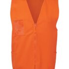 Bright orange safety vest with a front zipper and multiple pockets, including a transparent pocket on the left chest.
