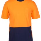 Bright orange and navy blue color-blocked short-sleeve t-shirt with a round neck and a small pocket on the left chest.
