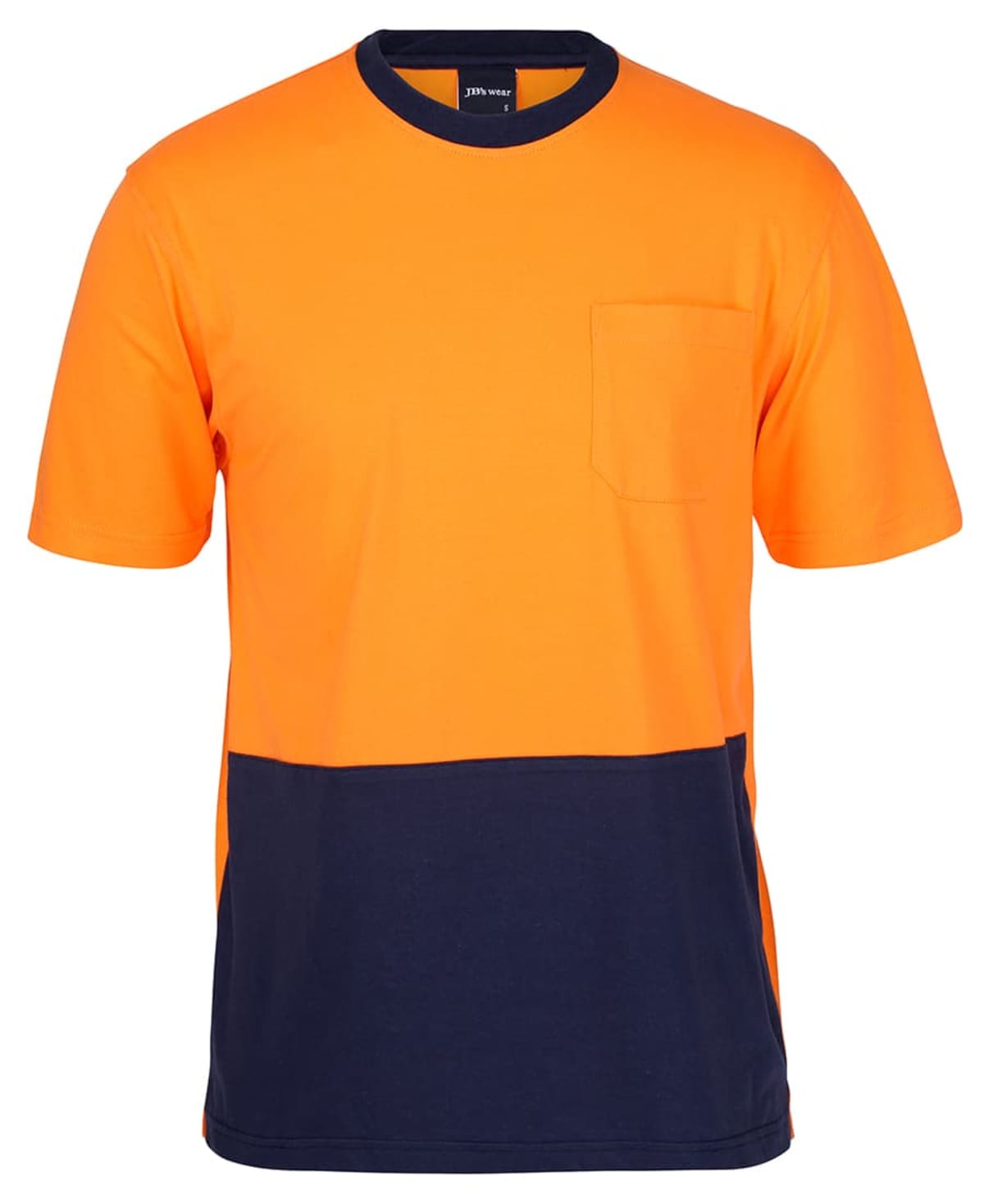 Bright orange and navy blue color-blocked short-sleeve t-shirt with a round neck and a small pocket on the left chest.