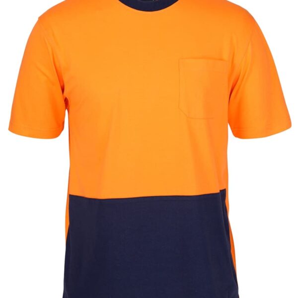 Bright orange and navy color-blocked T-shirt with a round neck and front pocket. The top half is orange, and the bottom half is navy, creating a bold and stylish contrast.