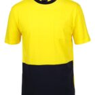 A yellow T-shirt with black accents around the collar and bottom hem, featuring a small chest pocket on the left side.