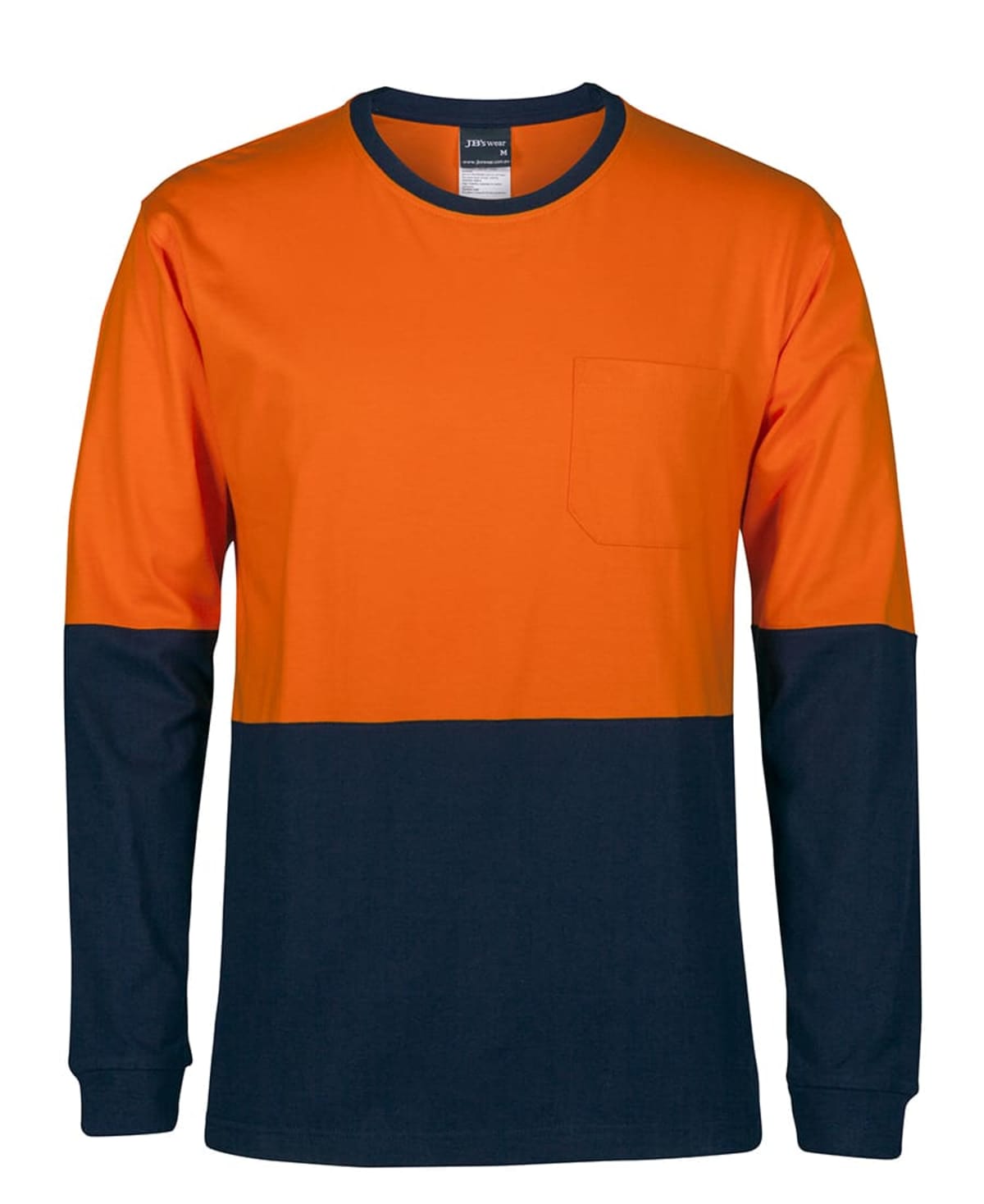Long-sleeve color-block t-shirt with orange on top and black on the bottom. Features a small chest pocket on the left side.
