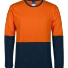 Long-sleeve T-shirt with an orange upper half and black lower half. The shirt includes a small pocket on the orange section. Simple and bold color-block design.