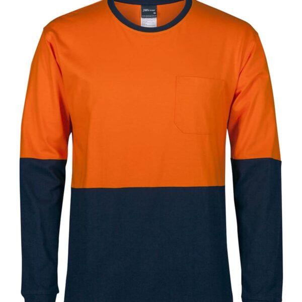 Long-sleeve T-shirt with an orange upper half and black lower half. The shirt includes a small pocket on the orange section. Simple and bold color-block design.