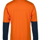 Back view of a long-sleeve t-shirt with a bright orange body and dark navy sleeves. The shirt has a simple, clean design with no visible patterns or logos.