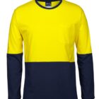A long-sleeve shirt with a bright yellow top half featuring a chest pocket and a dark navy bottom half, including the sleeves. The shirt has a navy round neckline.