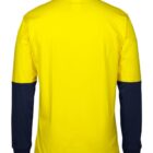 A long-sleeved shirt with a bright yellow body and dark navy sleeves. The back of the shirt is visible, displaying a simple, solid design. The shirt has a crew neckline.