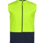 Sleeveless high-visibility jacket with a bright neon yellow upper half and a dark navy blue lower half. It features a full-length front zipper and a high collar.