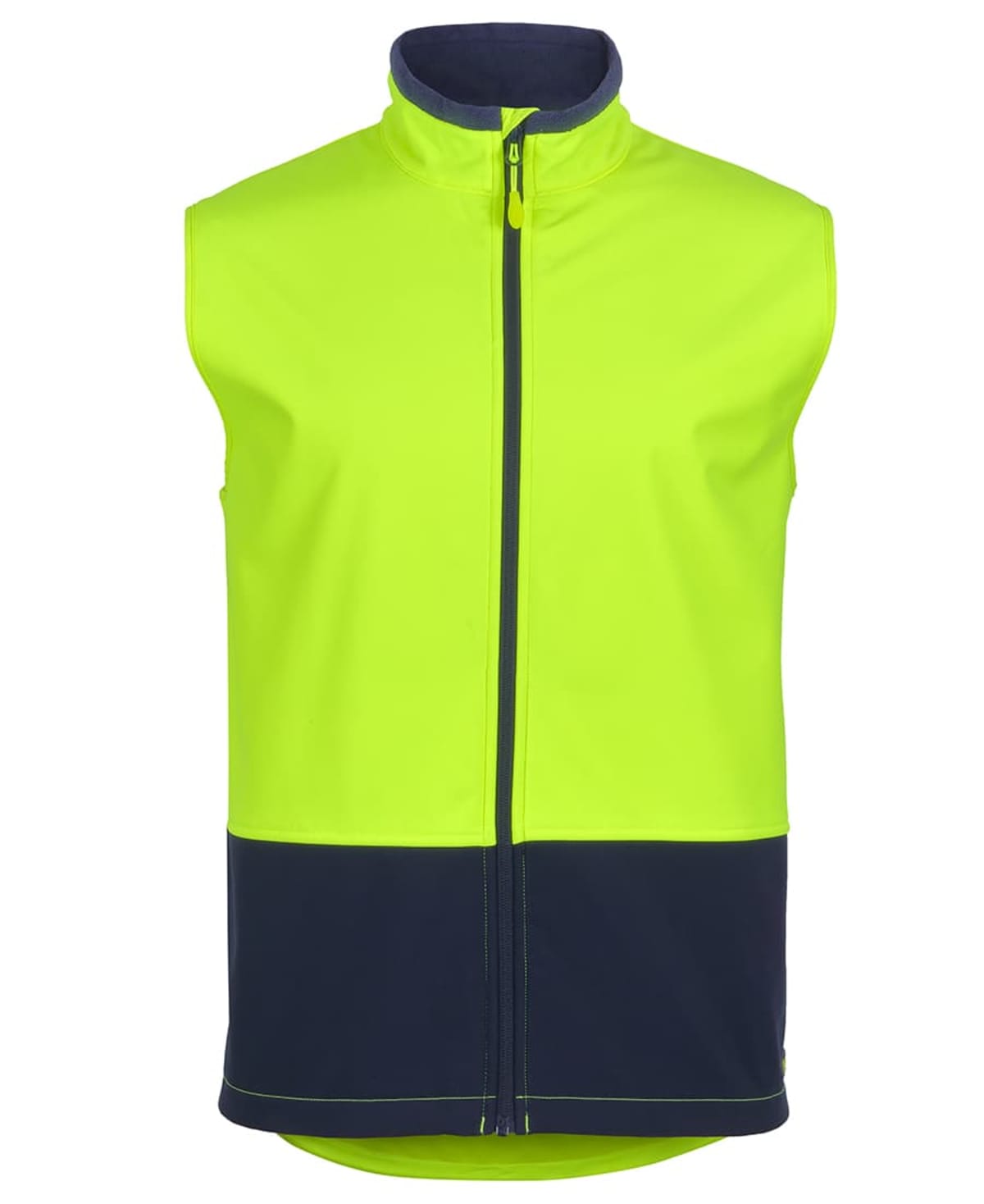 Sleeveless high-visibility jacket with a bright neon yellow upper half and a dark navy blue lower half. It features a full-length front zipper and a high collar.