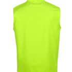 A bright yellow, sleeveless safety vest with a high collar, displayed against a plain white background, showing the back view.