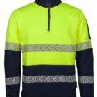 High-visibility yellow and black jacket with a half-zip front. The jacket features reflective chevron-striped bands around the chest and sleeves, enhancing visibility.