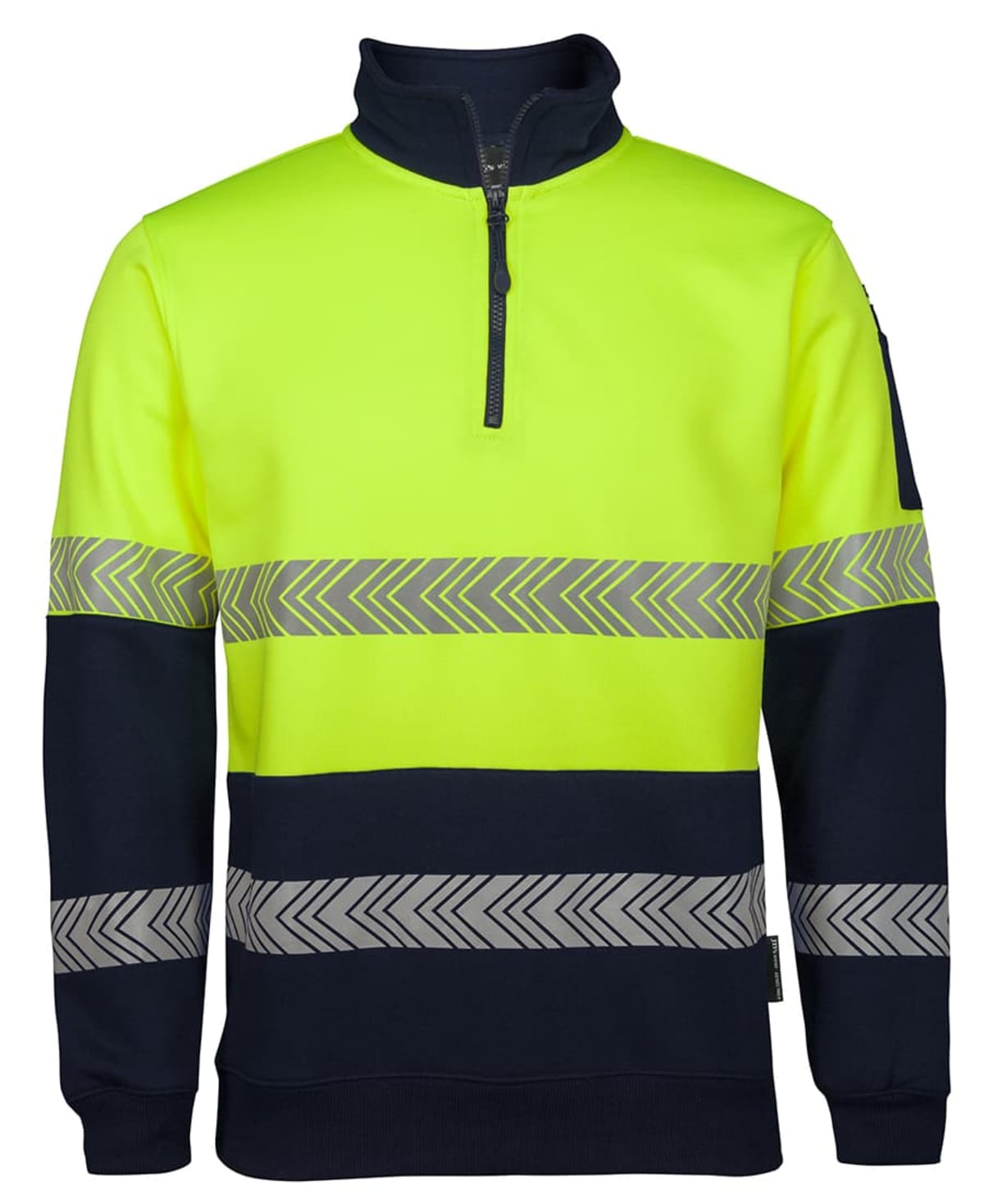 High-visibility yellow and black jacket with a half-zip front. The jacket features reflective chevron-striped bands around the chest and sleeves, enhancing visibility.
