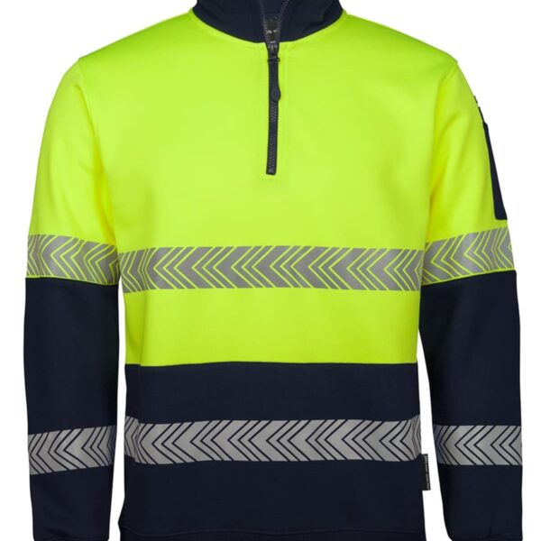 A high-visibility safety jacket with fluorescent yellow on top and black on the bottom. It features two reflective horizontal stripes with a chevron pattern around the chest and lower section, and a zip-up collar.