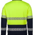 A high-visibility safety jacket with a bright yellow upper section and dark lower section. It features reflective bands with chevron patterns around the torso and arms. The jacket is shown from the back.