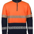 A high-visibility pullover with a half-zip design. It features an orange upper section and black lower section, with horizontal reflective bands and chevron patterns across the chest and sleeves.