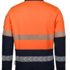 Back view of a high-visibility work jacket. The top is bright orange, while the bottom is dark blue, divided by reflective chevron-striped bands across the chest, waist, and arms.