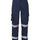 Blue work pants with reflective bands around each leg, cargo pockets on the sides, and a button-zip closure.