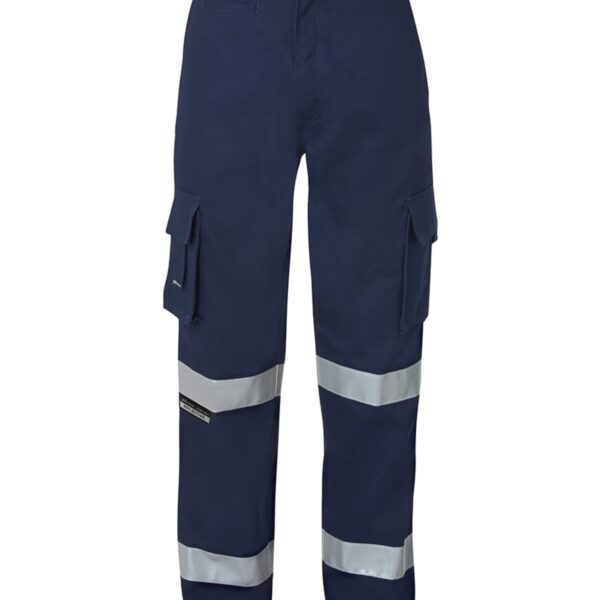 Navy blue cargo work pants featuring reflective silver stripes around the legs just above the knees. The pants have button closures and multiple pockets on the sides.