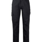 Black cargo pants with multiple pockets, featuring a button and zipper closure. The design includes reinforced areas on the knees, providing a durable and practical style suitable for various activities.