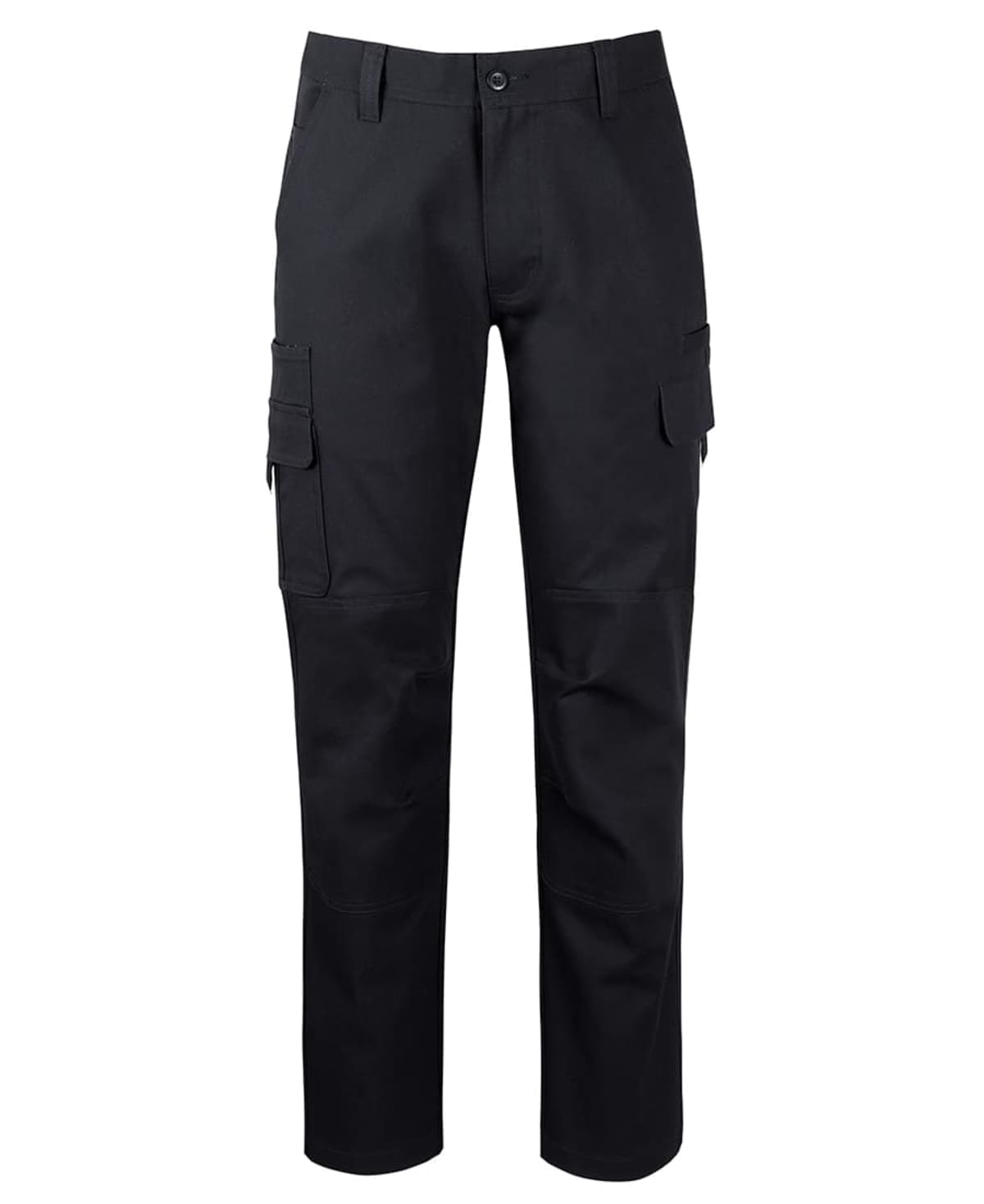 Black cargo pants with multiple pockets, featuring a button and zipper closure. The design includes reinforced areas on the knees, providing a durable and practical style suitable for various activities.