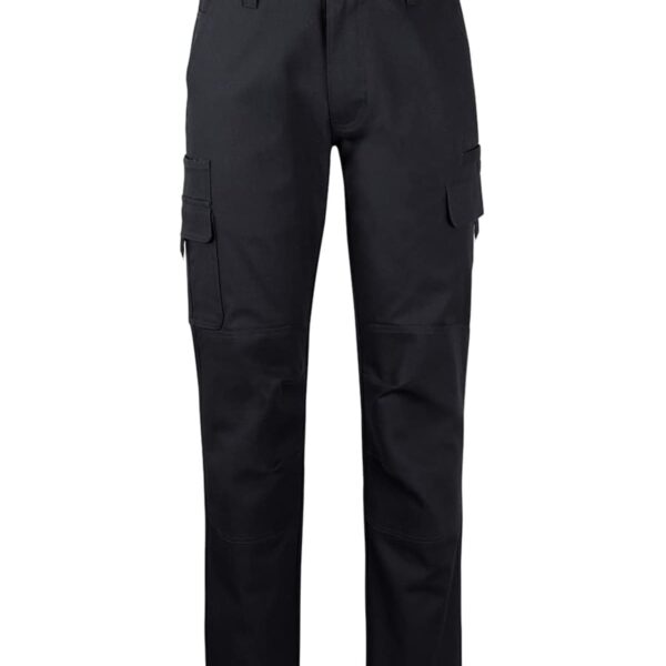 Black cargo pants with multiple pockets, including two large side pockets on each leg. The pants are styled with a button and zip closure and have a straight-leg fit.