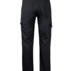 Rear view of black cargo pants with two back pockets and side pockets. The pants have belt loops and a straight-leg design.