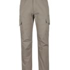 Khaki-colored cargo pants with a button and zip closure, featuring multiple pockets including side flap pockets on each leg. The pants have a straight leg fit.