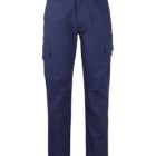 Navy blue cargo pants with multiple pockets, including two large side cargo pockets. They have a button and zipper closure at the top and a straight leg cut. The pants are displayed against a plain white background.