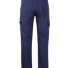 Rear view of navy blue cargo pants with multiple pockets. The pants feature belt loops, a straight leg design, and flaps on the back pockets.