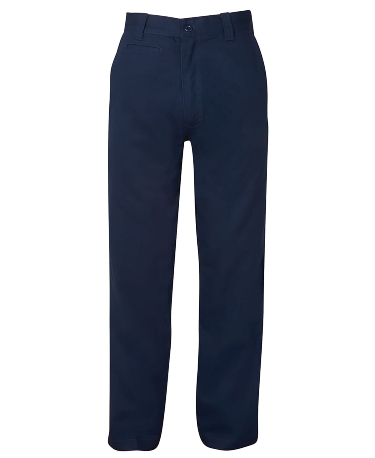 Navy blue pair of straight-leg trousers with a button and zipper closure. They have belt loops and side pockets, displayed against a white background.