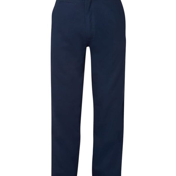Navy blue pair of pants on a white background, featuring a flat front design with a button closure and belt loops. The pants have a straight-leg fit and front pockets.