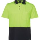 A short-sleeved polo shirt with a bright neon green top half and black bottom half. It features a black collar with neon green trim, a front pocket, and three buttons.