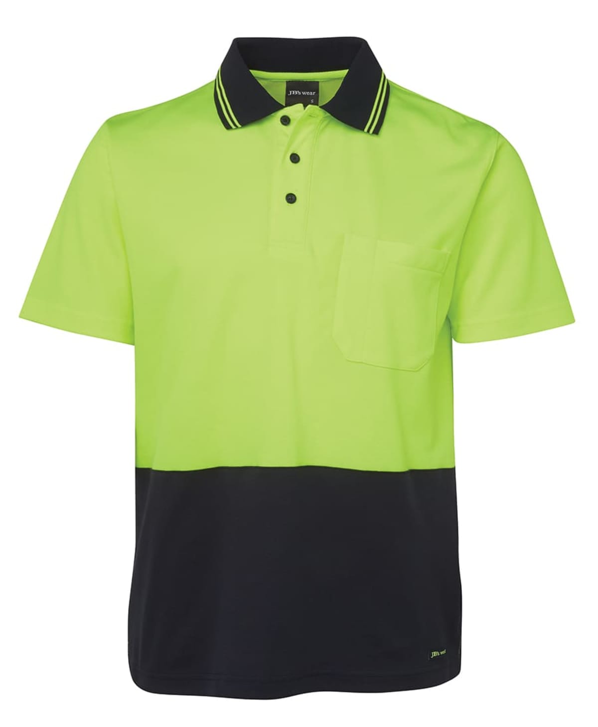 A short-sleeved polo shirt with a bright neon green top half and black bottom half. It features a black collar with neon green trim, a front pocket, and three buttons.