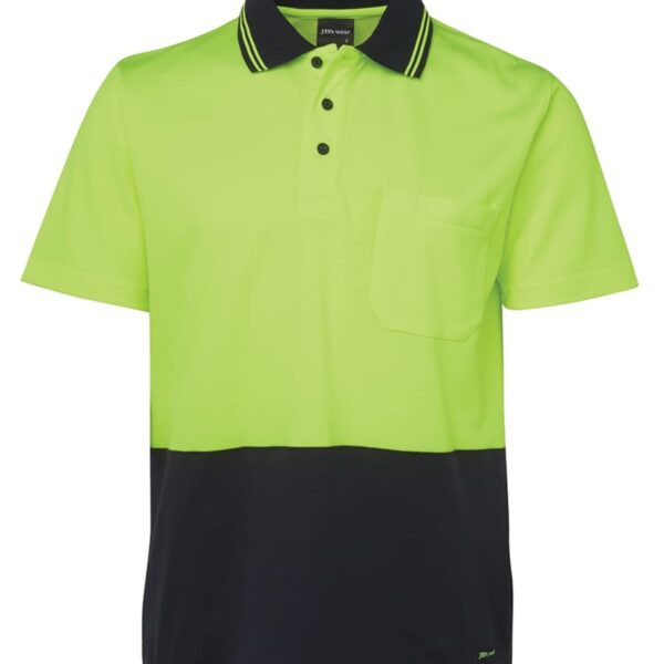 A short-sleeved polo shirt with a bright neon green upper half and black lower half. It features a collar with black and green stripes, a button placket, and a chest pocket on the left side.