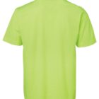 A plain, bright green short-sleeve t-shirt is shown from the back. It features a black collar with a thin white stripe.