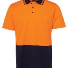 Orange and black color-blocked polo shirt with a front pocket, short sleeves, and black collar with thin orange stripes. Button-up neck design.