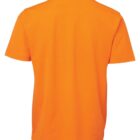 Back view of an orange polo shirt with a contrasting black collar. The shirt has short sleeves and appears simple in design, suitable for casual wear.