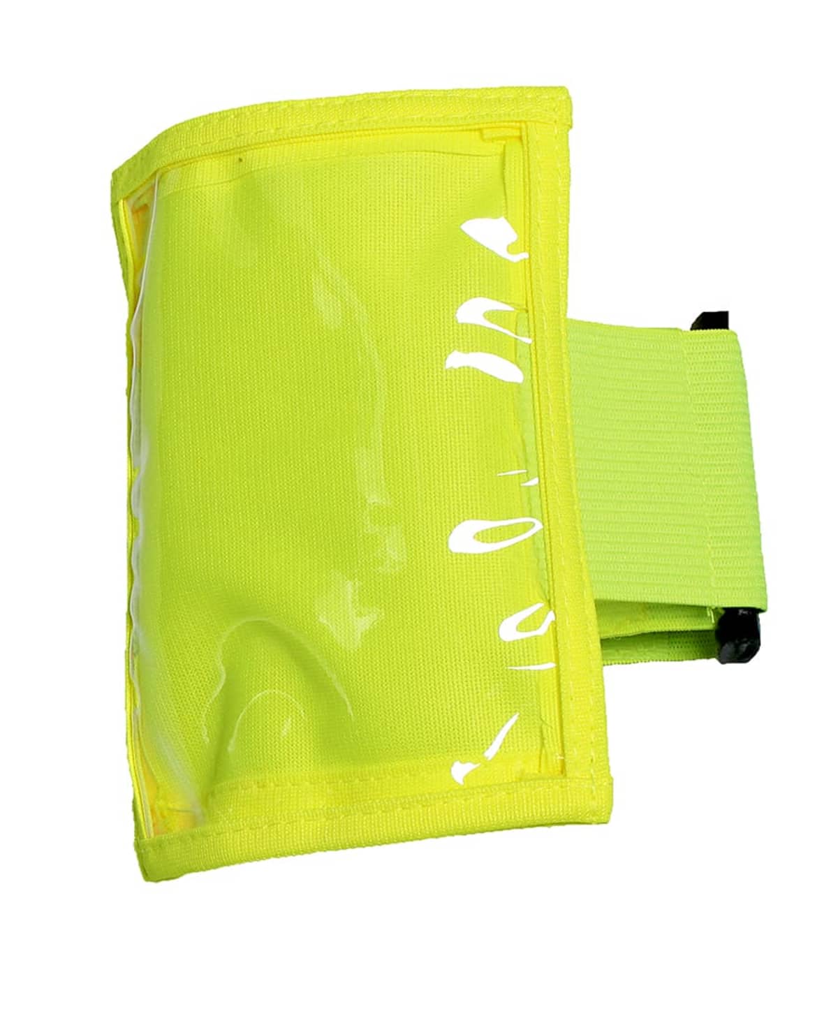 Bright yellow armband with a transparent pouch for holding items like cards or ID. Made from fabric, it features an adjustable strap with a black buckle, designed for convenient wear during activities.