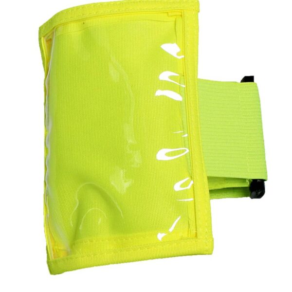 A bright yellow armband with a transparent pocket. The pocket is designed to hold items like cards or keys. The band has an adjustable strap with a plastic buckle for securing it around the arm.