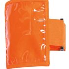 An orange armband with a transparent plastic window is shown. It has an adjustable elastic strap and a plastic buckle, suitable for holding small items like ID cards while being worn on the arm.