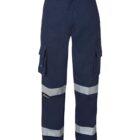 Dark blue work pants with two reflective silver bands on each leg, featuring cargo pockets on the sides. The pants have a button and zipper closure.