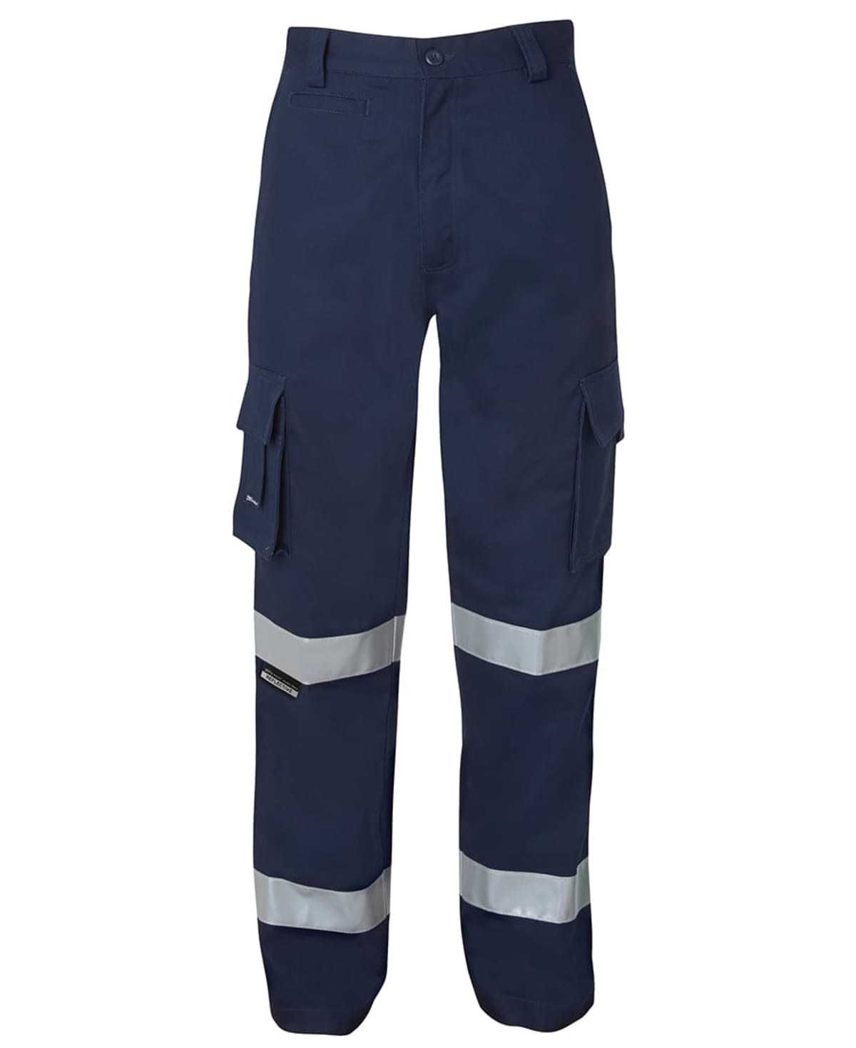 Dark blue work pants with two reflective silver bands on each leg, featuring cargo pockets on the sides. The pants have a button and zipper closure.