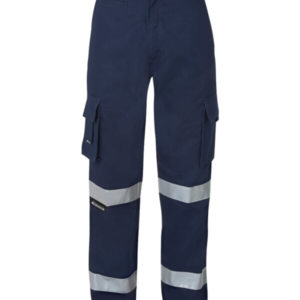Dark blue work pants with reflective silver bands around the calves. The pants have cargo pockets on each side and a button closure at the waist.