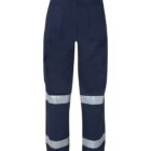 A pair of navy blue work pants viewed from the back, featuring two rear pockets and reflective bands around each leg.