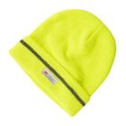 A bright yellow beanie with a gray stripe near the folded edge. It has a small label that reads 3M Thinsulate sewn onto the front.