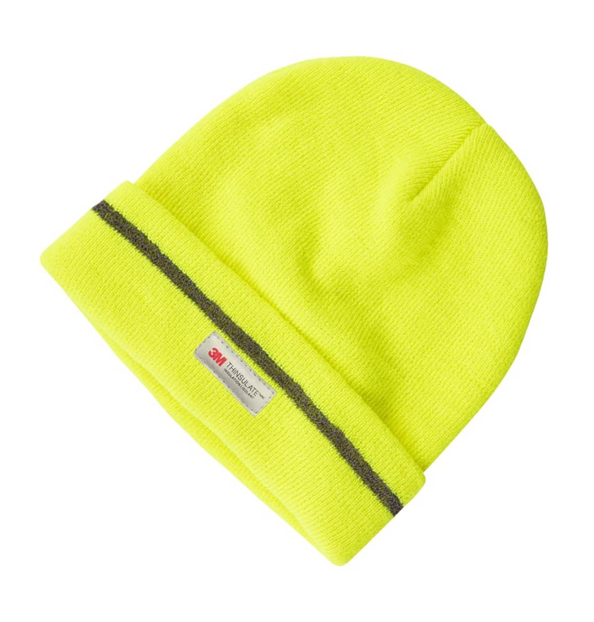 A bright yellow beanie with a gray stripe near the folded edge. It has a small label that reads 3M Thinsulate sewn onto the front.