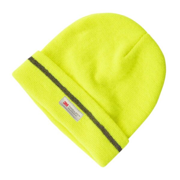 A bright yellow beanie hat with a black stripe near the edge. It has a folded brim with a small gray label featuring a red and gray logo.