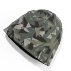Camouflage-patterned beanie featuring angular geometric shapes in shades of green, black, and gray, displayed on a plain white background.