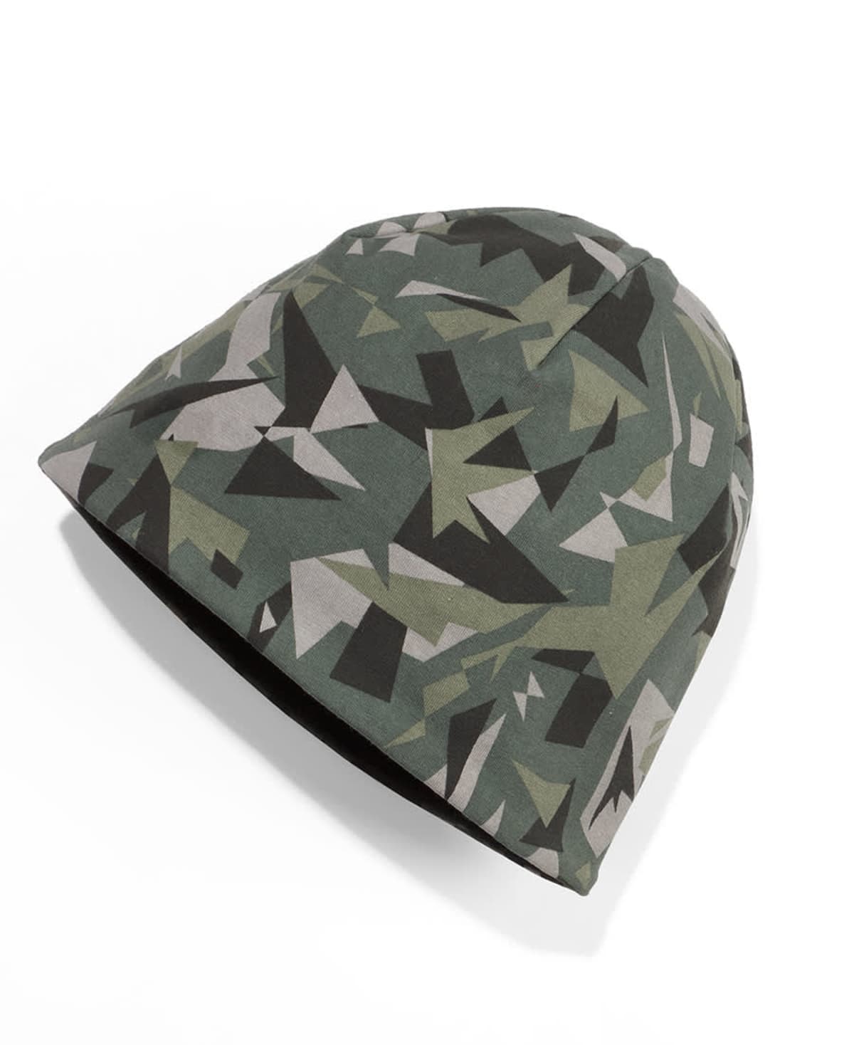 Camouflage-patterned beanie featuring angular geometric shapes in shades of green, black, and gray, displayed on a plain white background.