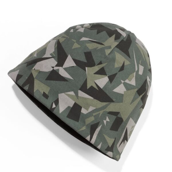 A beanie with a modern geometric camouflage pattern in shades of green, gray, and black, set against a plain white background.